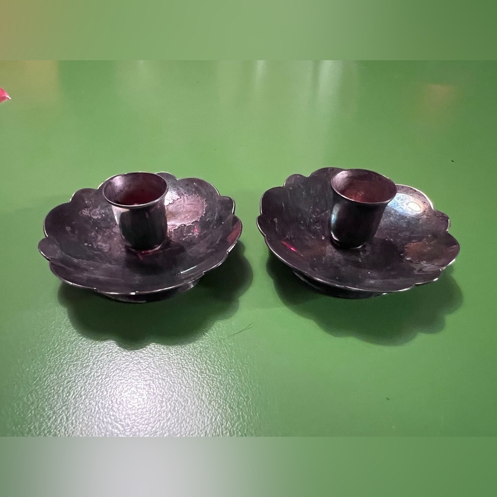 MCM Denmark silver plated candle holders pair set 2 A/5 CHR JENSEN marked - Picture 4 of 11